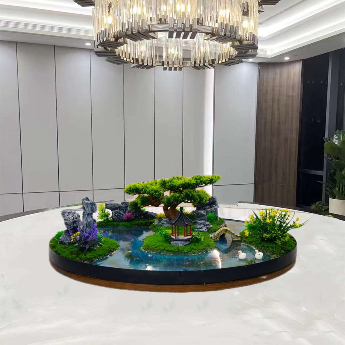 酒店大圆桌装饰摆件新中式餐桌转盘中间摆花圆形桌花微缩景观