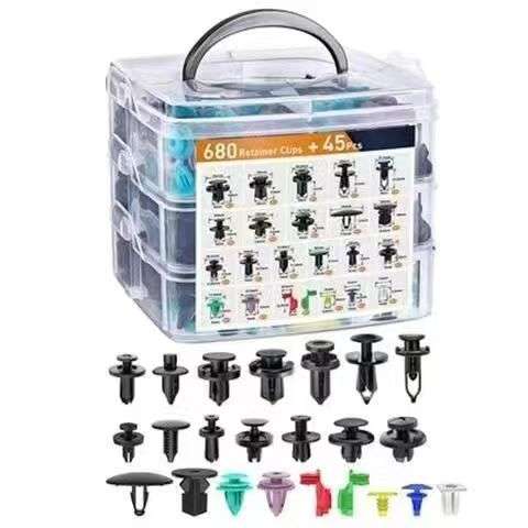 爆款725pcs三层盒装卡扣热销汽车固定塑料紧固件23种通用膨胀螺丝