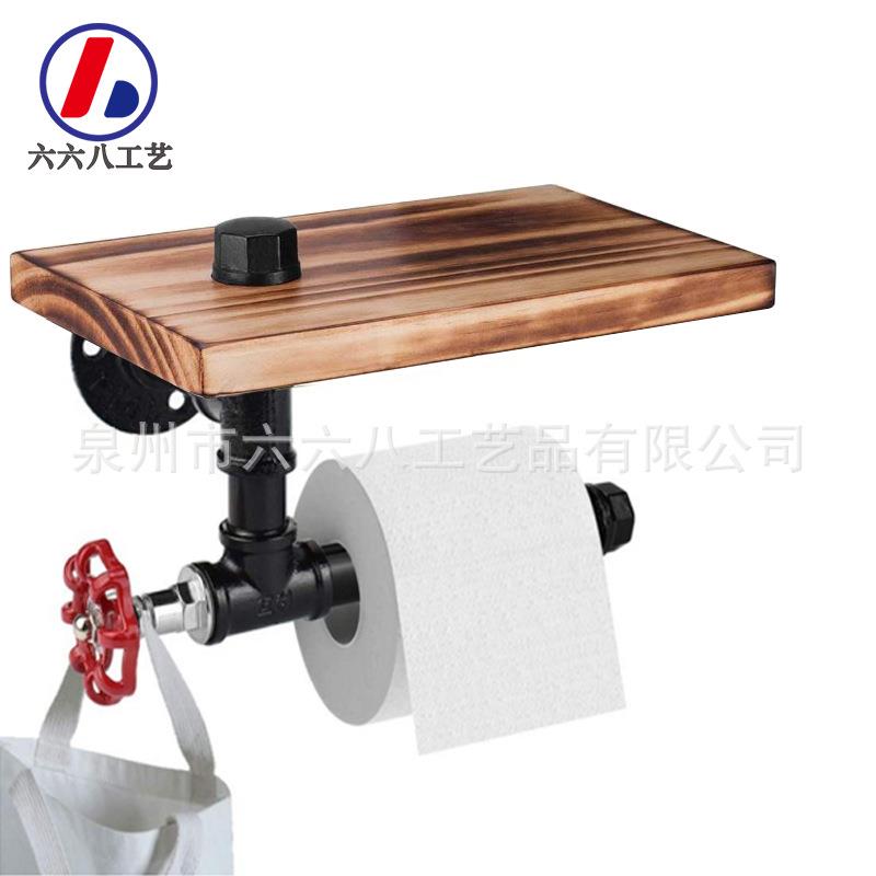 复古实木墙上纸巾架 铁艺做旧置物架 厨房卫生间壁挂卷纸架 跨境