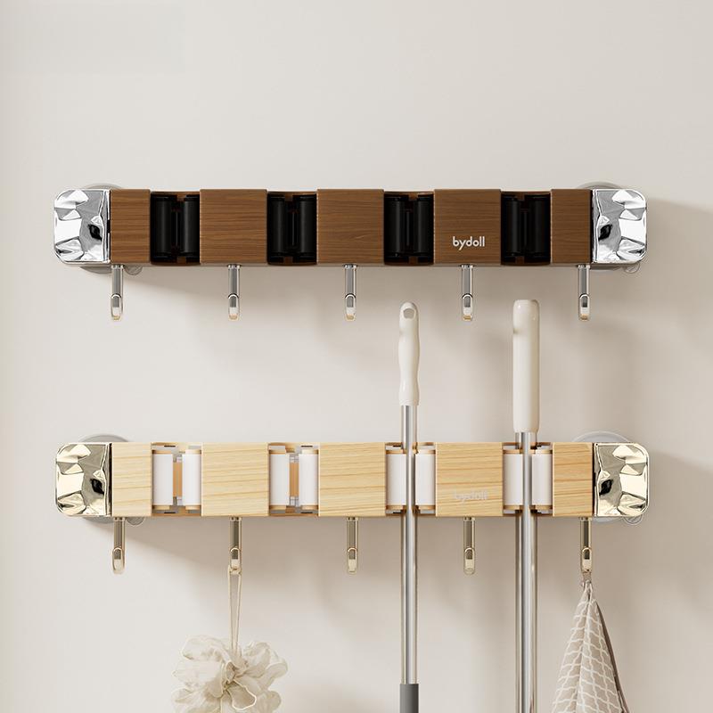 吸盘拖把壁挂夹木纹色轻奢复古中古风浴室卫生间免打孔挂钩收纳架