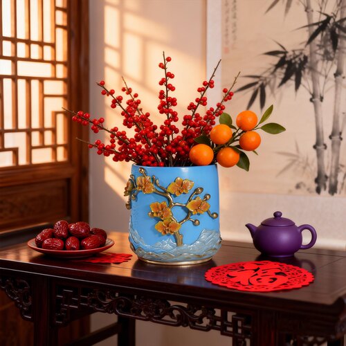 复古花卉花盆蓝色圆形装饰摆件客厅茶几花器绿植盆栽干花中式喜庆