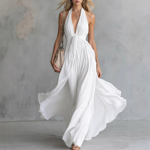 Halter Neck V-Neck Maxi Dress 挂脖V领收腰大摆长裙女夏