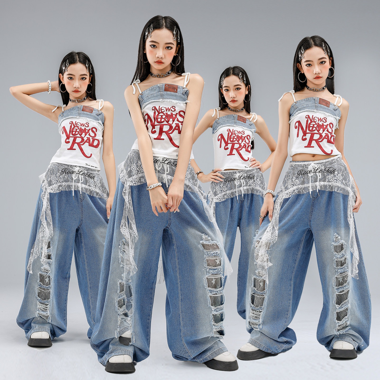 爵士舞服装女童个性牛仔破洞