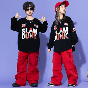儿童街舞潮服秋冬新款工装裤女童爵士舞演出服男童嘻哈hiphop套装