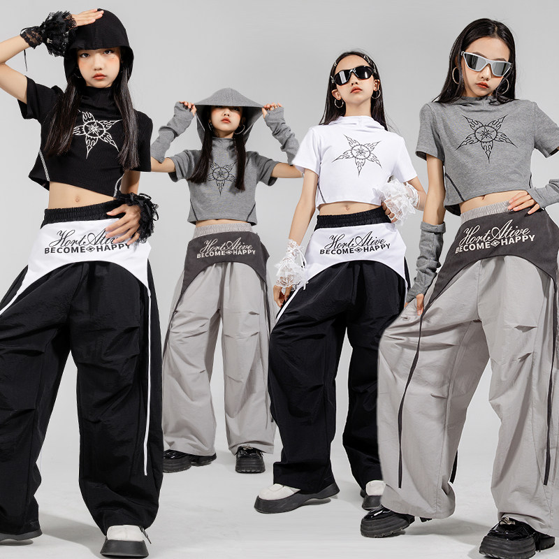 女童爵士舞服装连帽衣嘻哈练功服儿童街舞潮服套装女孩走秀演出服