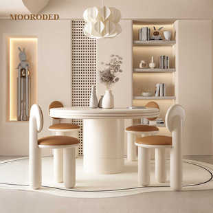 中古风餐桌简约奶油风圆餐桌家用餐桌椅组合实木 Mooroded法式