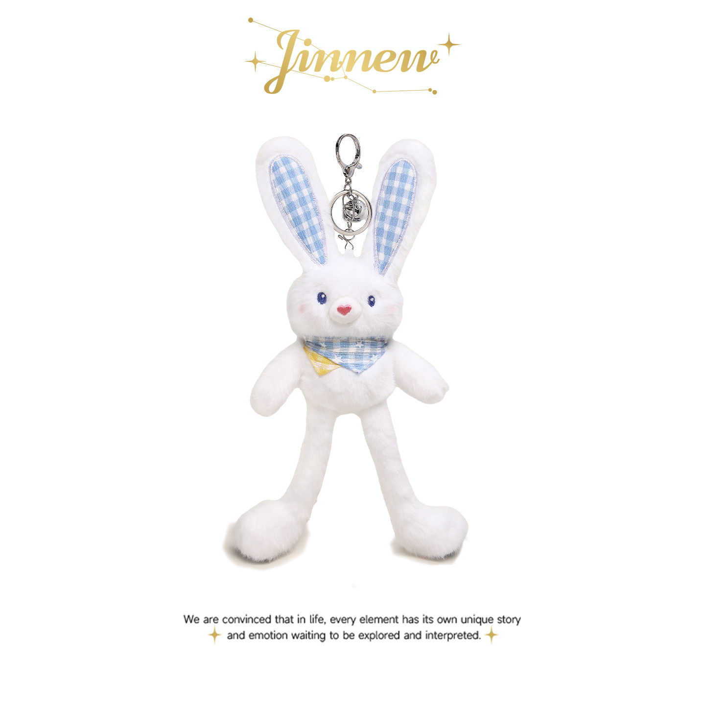 Jinnew原创可爱蓝色格子抽拉耳兔钥匙扣毛绒玩偶公仔书包背包挂件图片