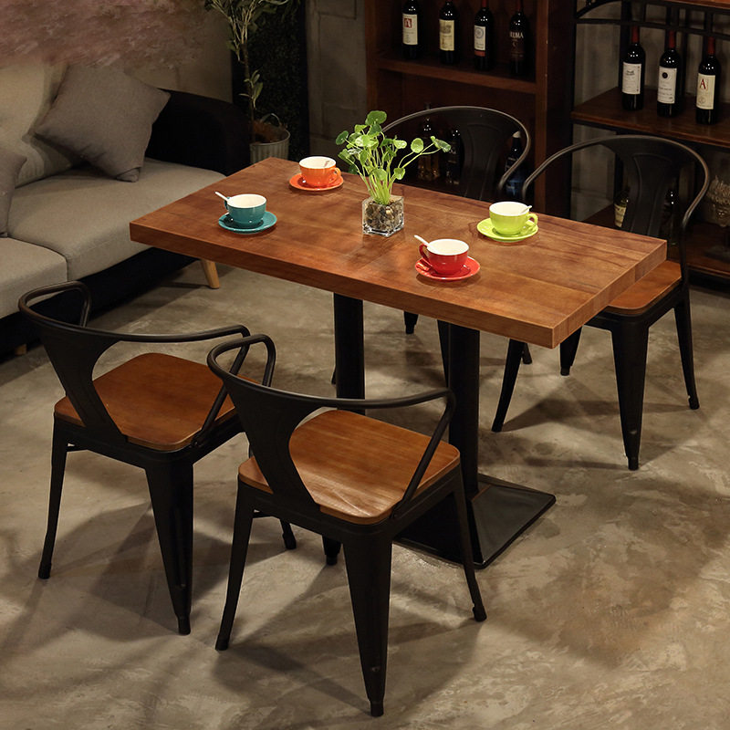 美式乡村实木餐桌 奶茶店长条桌椅组合复古餐厅饭店吃饭桌子定 制