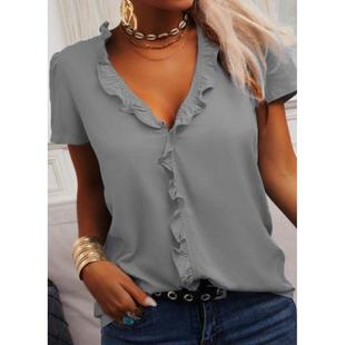 Solid color ruffled shirt womens tops short sleeve shirt