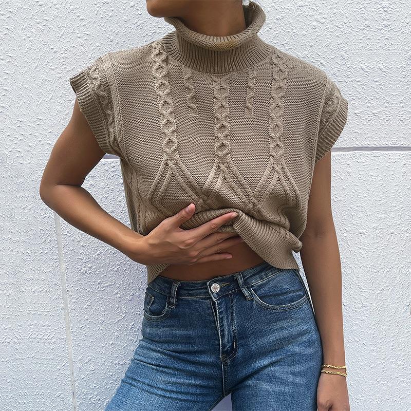 Fashion women's solid color short sleeve turtleneck sweater