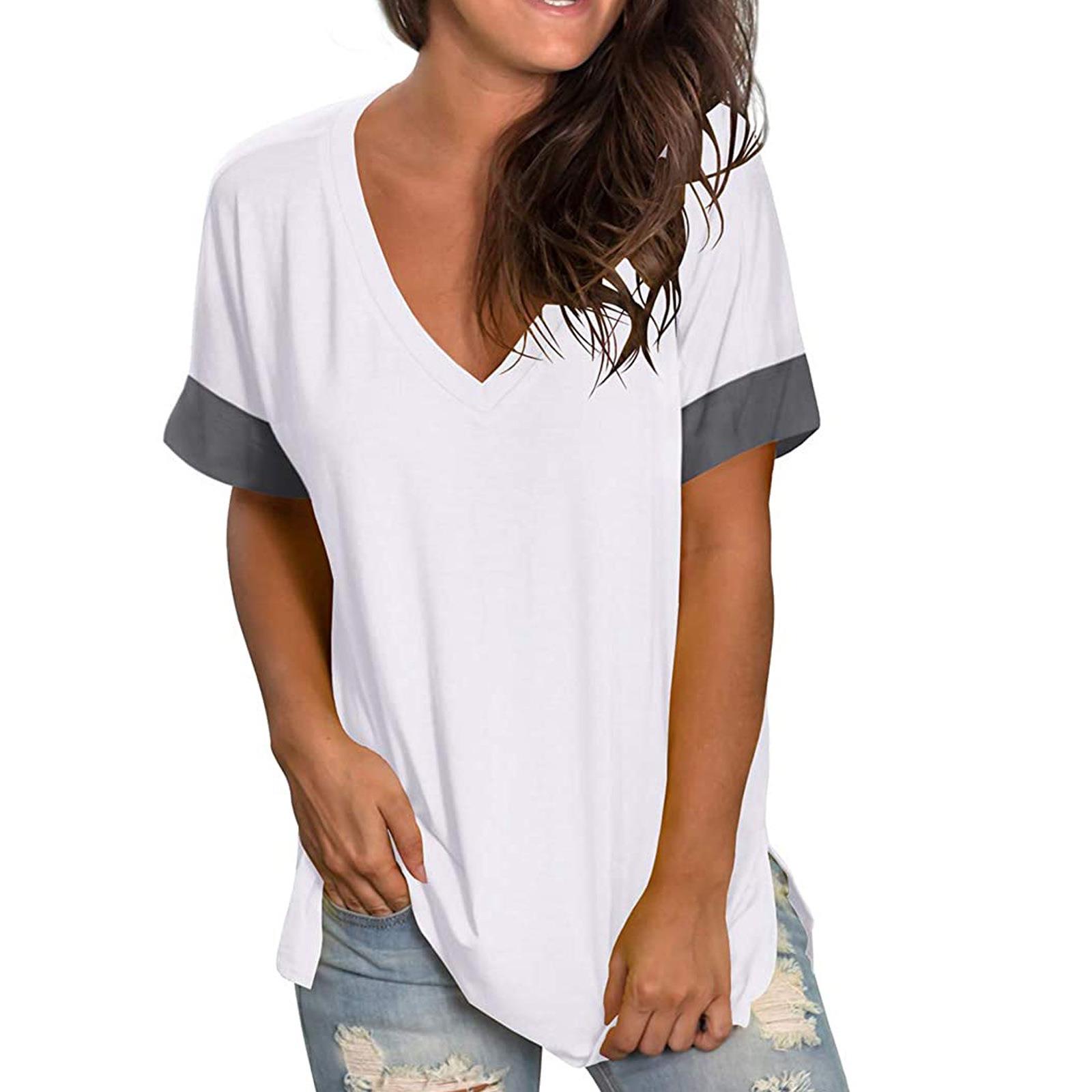 Womens color T-shirt short-sleeved solid V-neck stitching