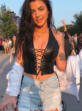 nibber sexy black leather crop womens backless camisole