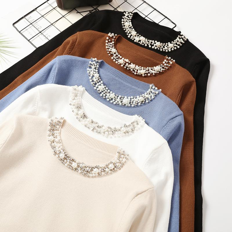 Beaded pullover sweater for women round neck long sleeves