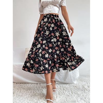 summer long flower skirt women korean ruffles elastic waist