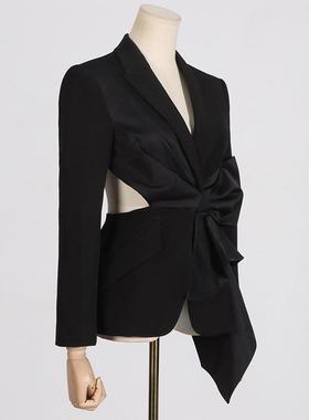 jacket suit waist stitching tie bow waist-baring V-neck