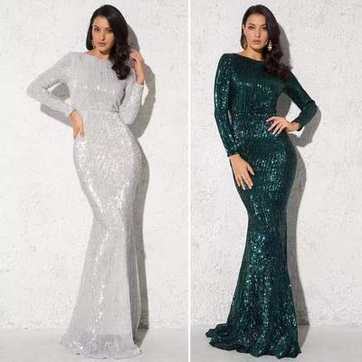 dress prom womens elegant gold green sleeved full neck gown