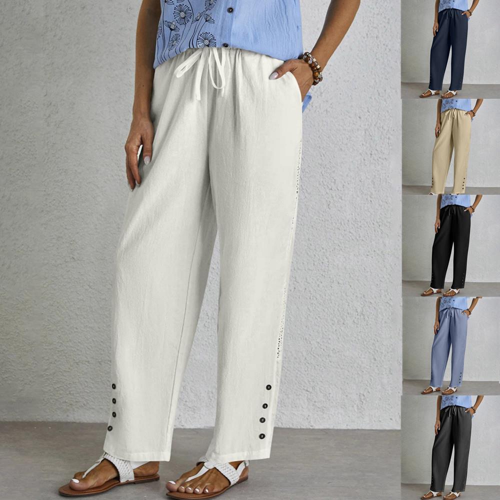 Pants Casual Ladies Button Lace Pockets Drawstring Linen