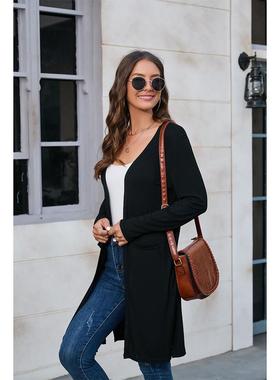 Womens buttonless sleeve casual ribbed cardigan long