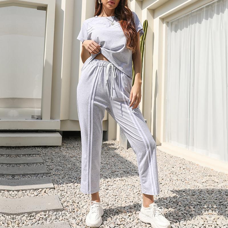 neck womens gray round suit summer striped Short-sleeved