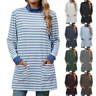 women for top sleeve long T-shirt knitted striped neck