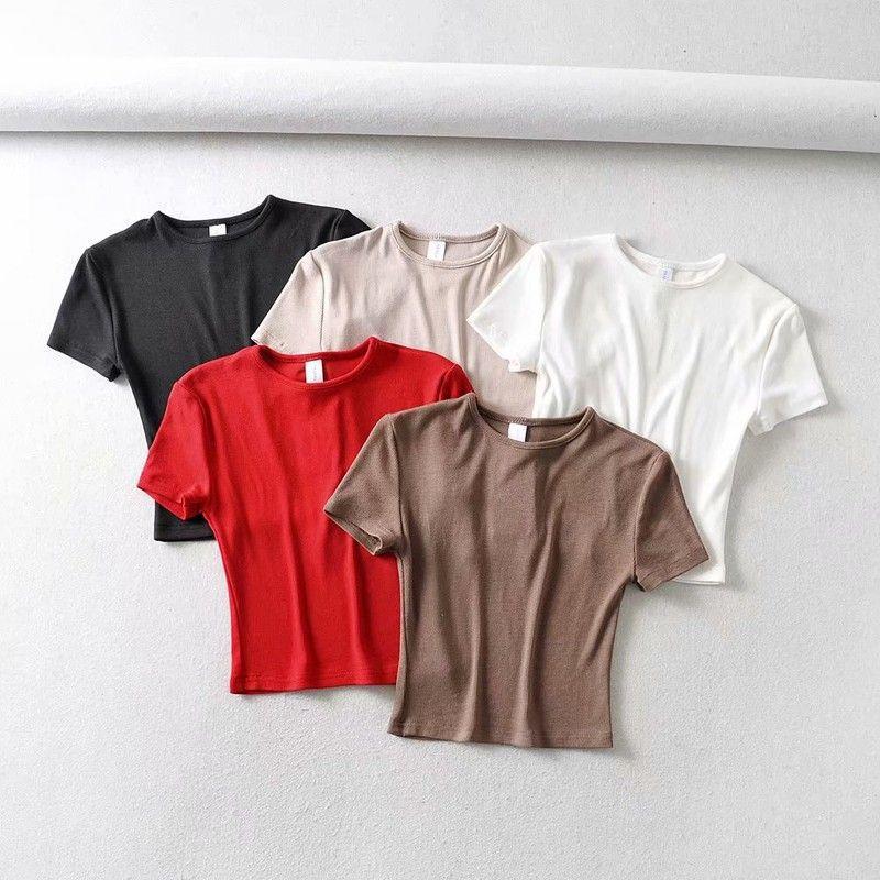 trend top sleeve short tight slim waist high female T-shirt