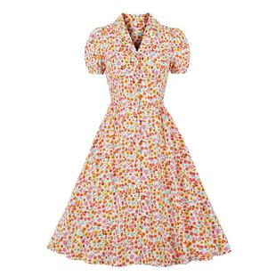 lapel Womens retro floral sleeved vintage short