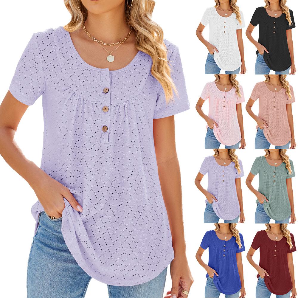 Circle pleated button short sleeve swallowtail T-shirt top