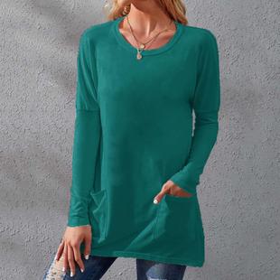 Long Loose Color Pocket Sleeve Womens Casual Round Neck