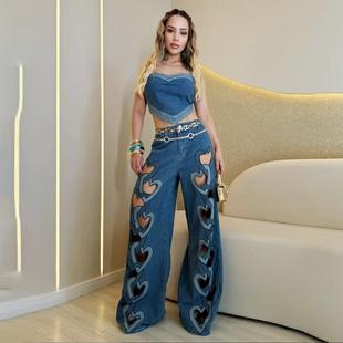 jeans straight for high hollow leg women Fashionable waist