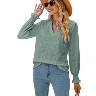 gathered color sleeves hollow sleeve lotus top Solid loose