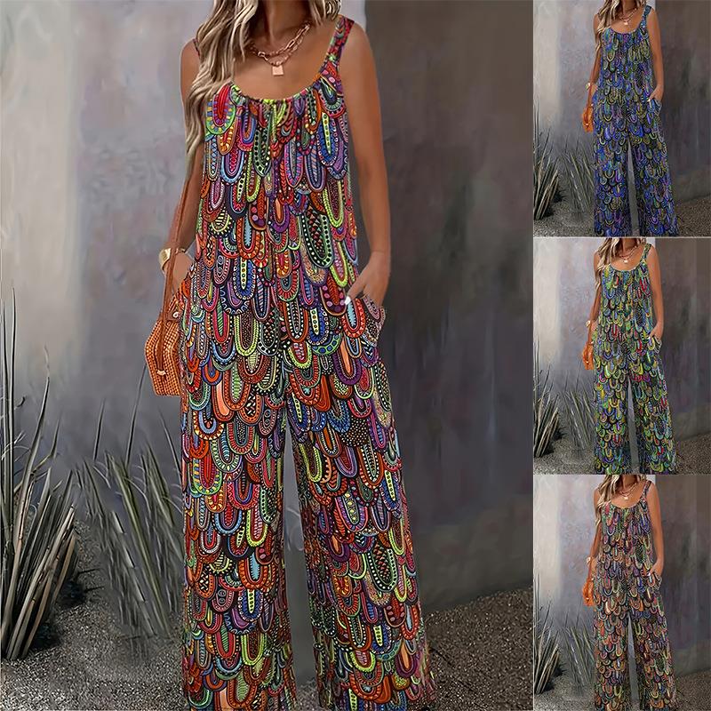 Plus Size Womens Casual Wide Leg Pants Round Neck Insert