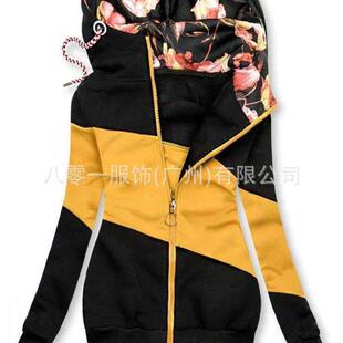 zipper hooded patchwork Womens long sweatshirt sleeve