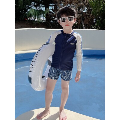 全棉纯棉儿童游泳装男童拉链分体泳衣2026新款夏季长袖防晒中小童