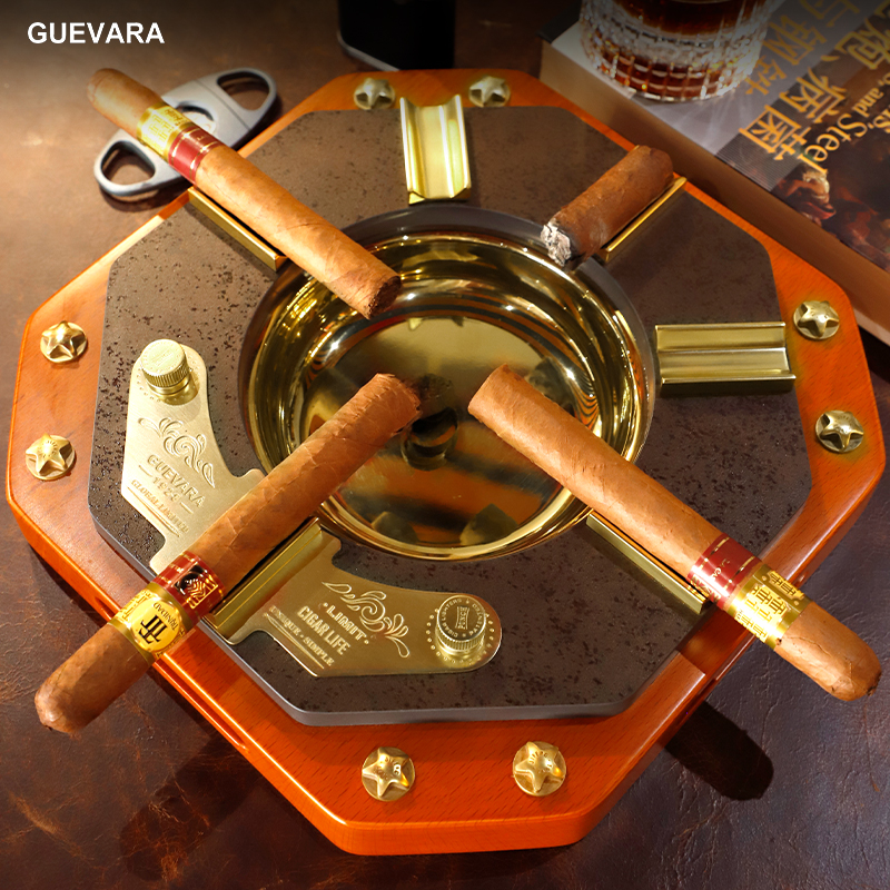 GUEVARA雪茄烟灰缸 五槽黄铜实木意大利岩板大型雪茄烟灰缸复古