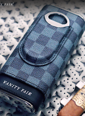 VANITY FAIR雪茄盒 便携纳帕真皮三支装雪松木保湿盒棋格纹带剪刀