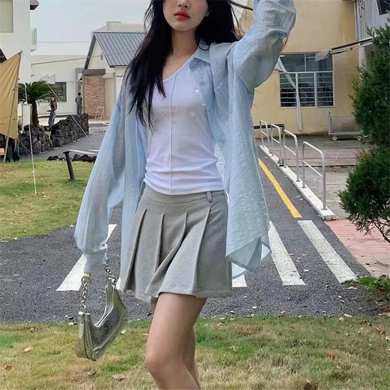 防晒衬衫薄款外搭开衫小个子外套夏天中长款宽松休闲蓝色衬衫女