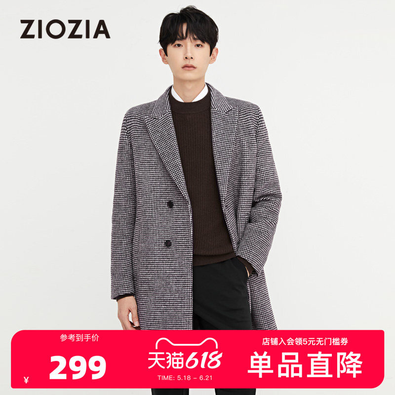 ZIOZIA秋冬毛呢大衣千鸟格花纹经典呢子保暖风衣男ZCG24901T