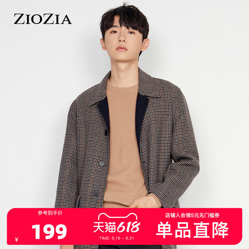 ZIOZIA冬季两面穿单排扣千鸟格外套保暖毛呢大衣男ZCG04961J