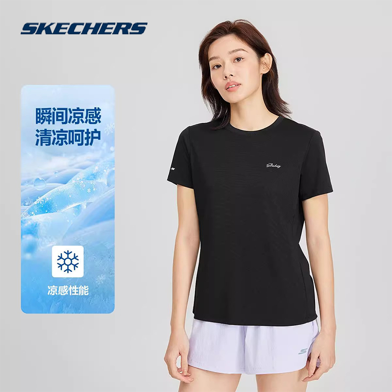 Skechers斯凯奇女子夏季新款运动休闲舒适速干清爽短袖T恤衫户外