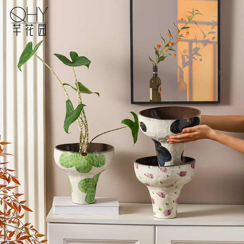 景德镇陶瓷花盆大号高级感艺术彩釉高脚大口径家用龟背竹专用花瓶