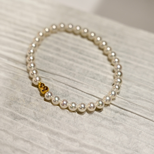 天然5-6mm正圆无暇真珍珠18K真金3D葫芦款手链