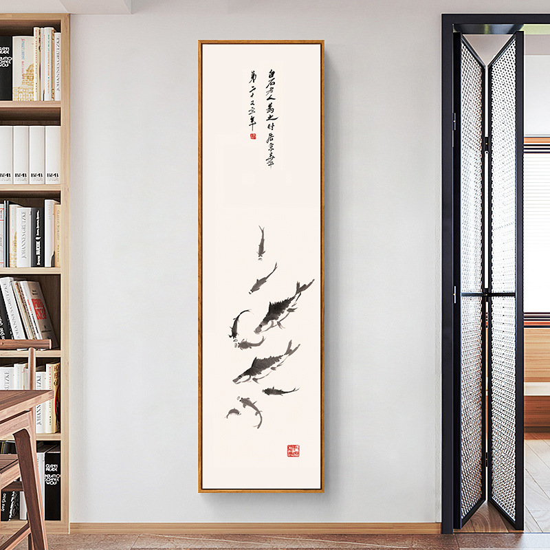 新中式禅意酒店玄关装饰画定制别墅茶楼壁画走廊挂画竖版九鱼图图片