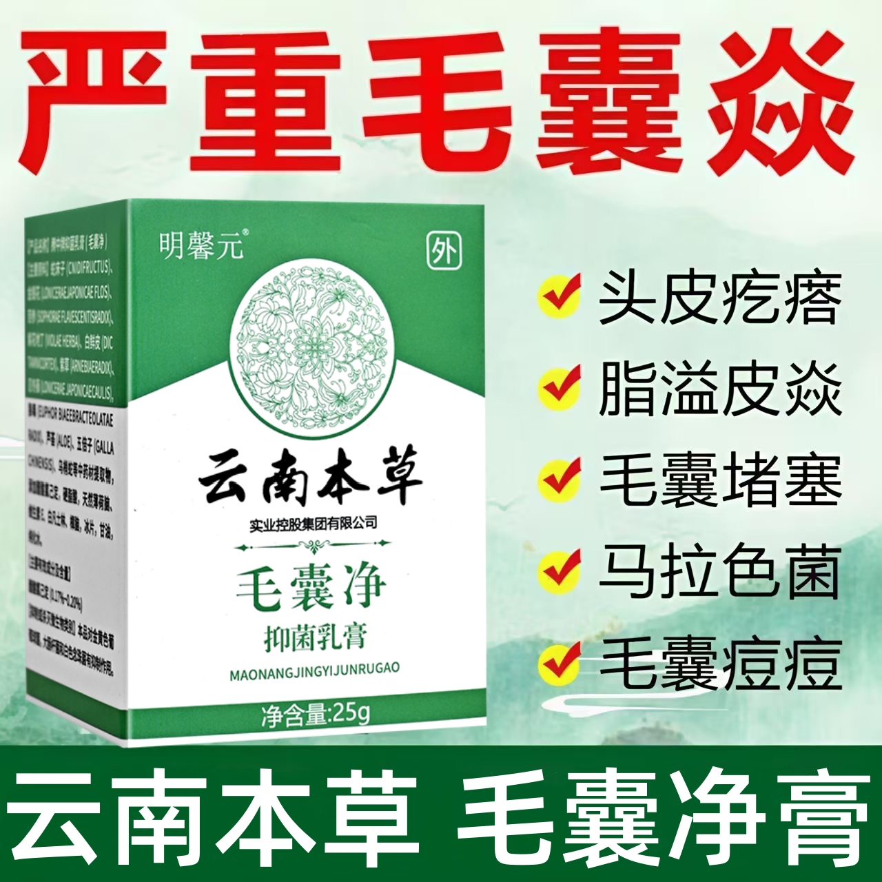 云南本草毛囊净膏鸡皮毛囊炎头皮疙瘩脂溢前胸后背长痘痘马拉色菌
