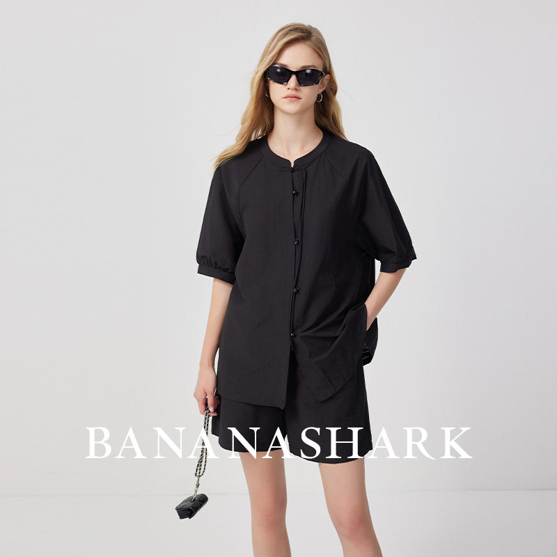 Banana shark_新中式黑色短袖衬衫简约气质夏季短裤上衣套装女