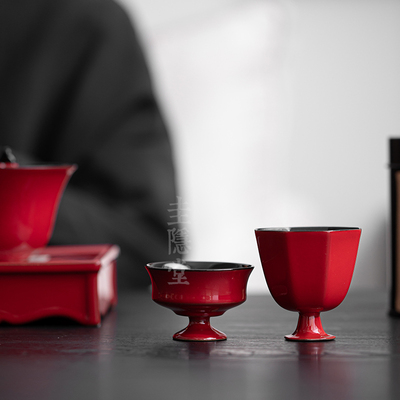 圭隐堂故宫红中式陶瓷高足功夫茶杯中国红家用主人杯单杯品茗杯子