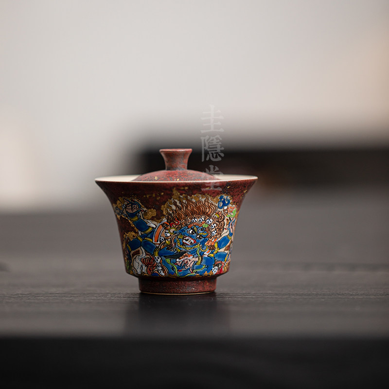 圭隐堂手绘唐卡大黑天财神陶瓷盖碗禅意家用不烫手泡茶碗手抓碗