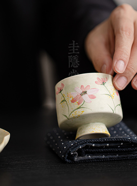 圭隐堂粉引手绘格桑花陶瓷女士功夫茶杯家用主人杯品茗杯个人单杯