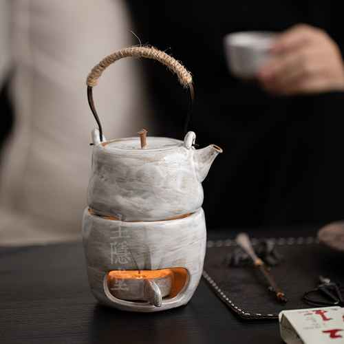 圭隐堂粉引粗陶温茶炉家用复古侘寂蜡烛底座暖茶炉保温炉茶壶套装
