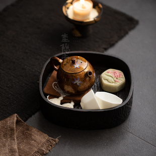 圭隐堂纯手工雕刻锤纹金丝柚木小号茶便当盒实木茶具收纳盘水果盘