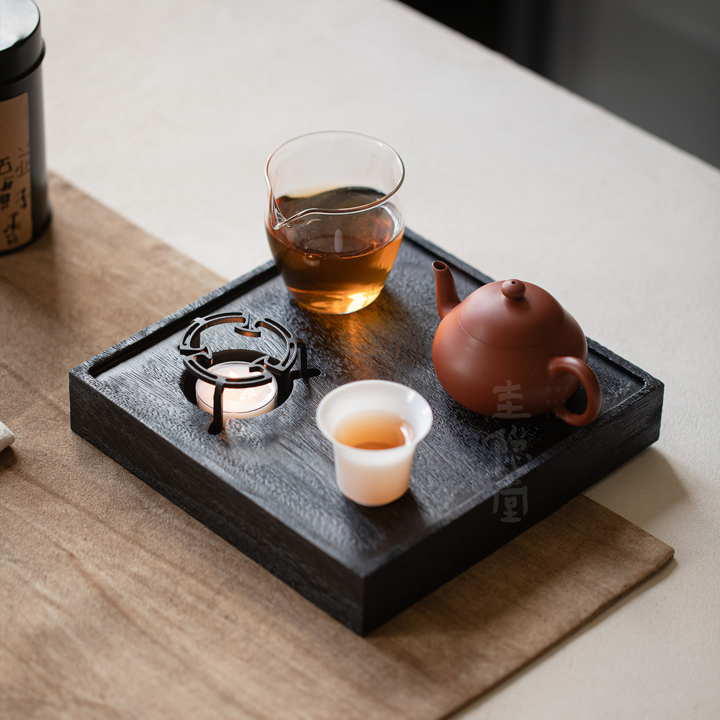 圭隐堂碳化胡桃木蜡烛底座温茶暖茶干泡台茶盘日式茶具茶托盘茶台